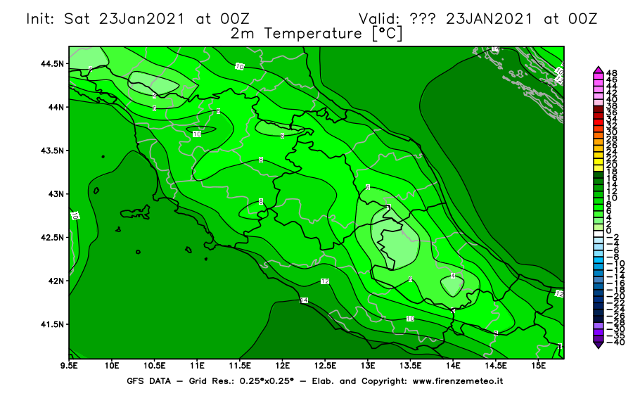 Mappa di analisi GFS - Temperatura a 2 metri dal suolo [°C] in Centro-Italia
									del 23/01/2021 00 <!--googleoff: index-->UTC<!--googleon: index-->
