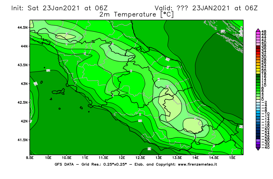 Mappa di analisi GFS - Temperatura a 2 metri dal suolo [°C] in Centro-Italia
							del 23/01/2021 06 <!--googleoff: index-->UTC<!--googleon: index-->