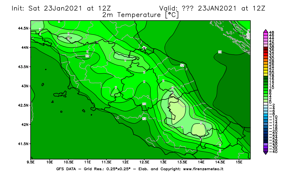 Mappa di analisi GFS - Temperatura a 2 metri dal suolo [°C] in Centro-Italia
							del 23/01/2021 12 <!--googleoff: index-->UTC<!--googleon: index-->