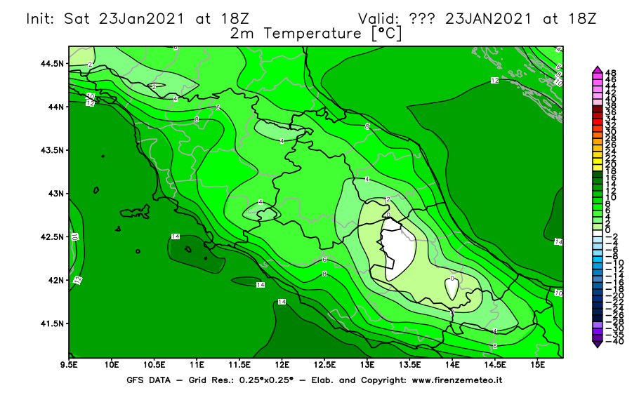 Mappa di analisi GFS - Temperatura a 2 metri dal suolo [°C] in Centro-Italia
									del 23/01/2021 18 <!--googleoff: index-->UTC<!--googleon: index-->