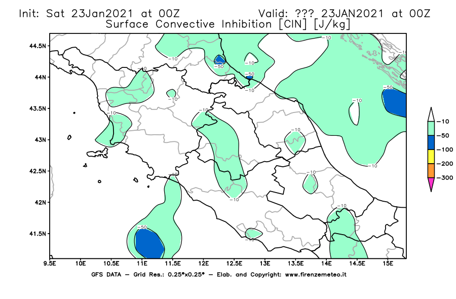 Mappa di analisi GFS - CIN [J/kg] in Centro-Italia
									del 23/01/2021 00 <!--googleoff: index-->UTC<!--googleon: index-->