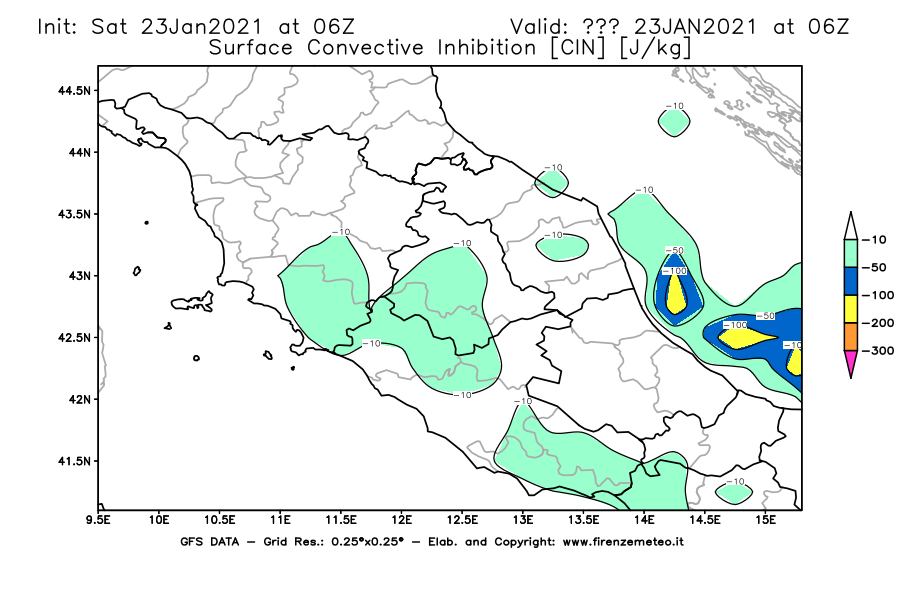 Mappa di analisi GFS - CIN [J/kg] in Centro-Italia
									del 23/01/2021 06 <!--googleoff: index-->UTC<!--googleon: index-->