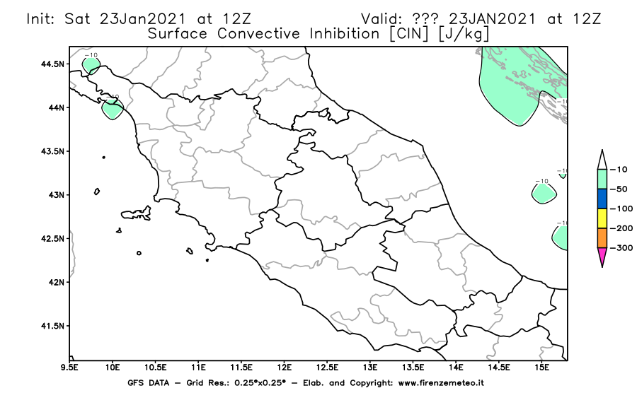 Mappa di analisi GFS - CIN [J/kg] in Centro-Italia
									del 23/01/2021 12 <!--googleoff: index-->UTC<!--googleon: index-->
