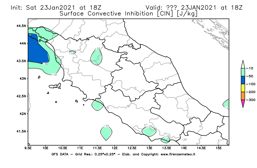 Mappa di analisi GFS - CIN [J/kg] in Centro-Italia
							del 23/01/2021 18 <!--googleoff: index-->UTC<!--googleon: index-->