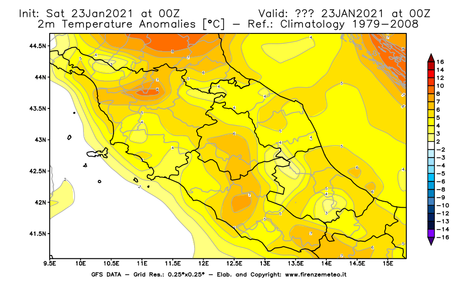 Mappa di analisi GFS - Anomalia Temperatura [°C] a 2 m in Centro-Italia
									del 23/01/2021 00 <!--googleoff: index-->UTC<!--googleon: index-->