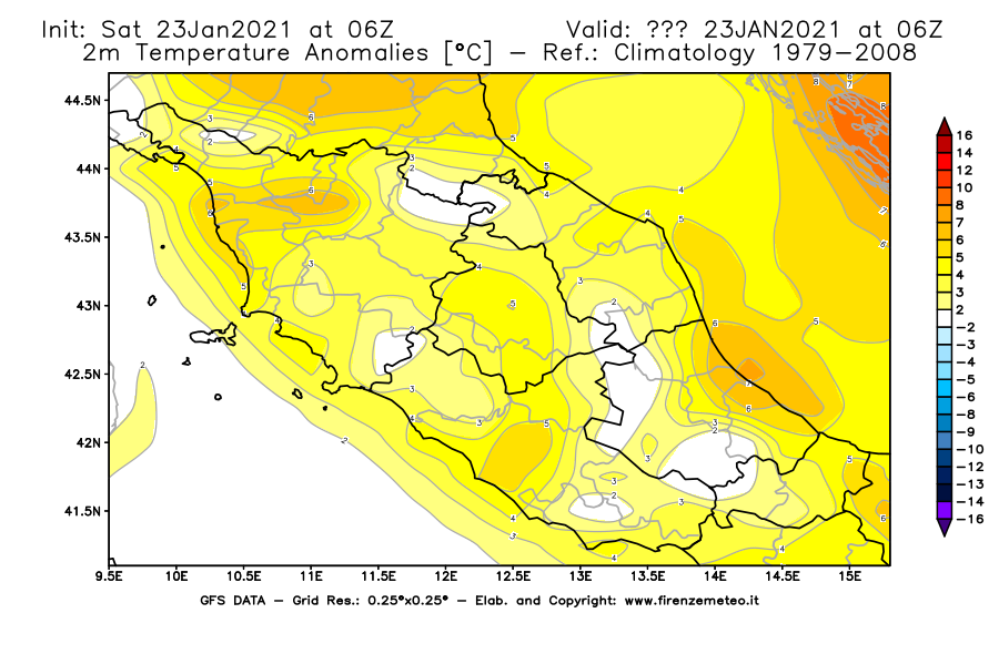 Mappa di analisi GFS - Anomalia Temperatura [°C] a 2 m in Centro-Italia
									del 23/01/2021 06 <!--googleoff: index-->UTC<!--googleon: index-->
