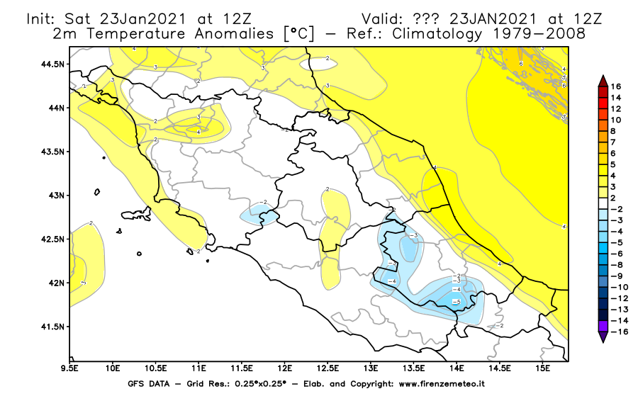 Mappa di analisi GFS - Anomalia Temperatura [°C] a 2 m in Centro-Italia
							del 23/01/2021 12 <!--googleoff: index-->UTC<!--googleon: index-->