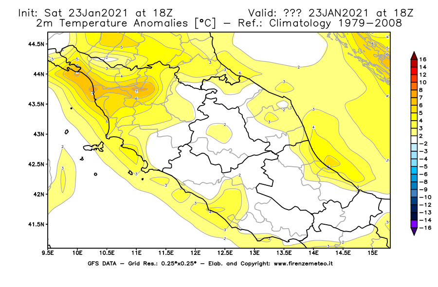 Mappa di analisi GFS - Anomalia Temperatura [°C] a 2 m in Centro-Italia
							del 23/01/2021 18 <!--googleoff: index-->UTC<!--googleon: index-->