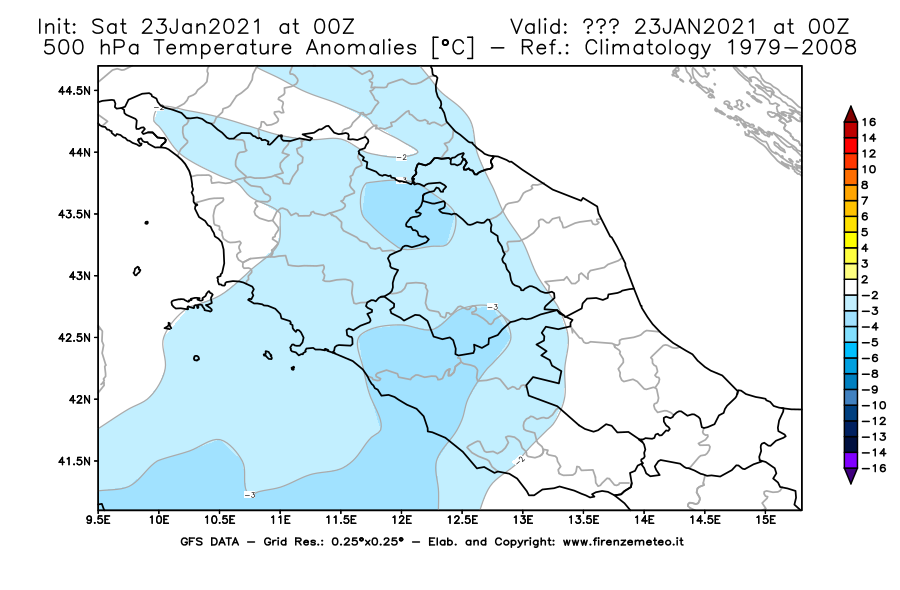 Mappa di analisi GFS - Anomalia Temperatura [°C] a 500 hPa in Centro-Italia
									del 23/01/2021 00 <!--googleoff: index-->UTC<!--googleon: index-->