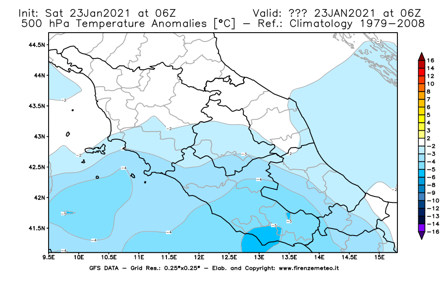 Mappa di analisi GFS - Anomalia Temperatura [°C] a 500 hPa in Centro-Italia
									del 23/01/2021 06 <!--googleoff: index-->UTC<!--googleon: index-->