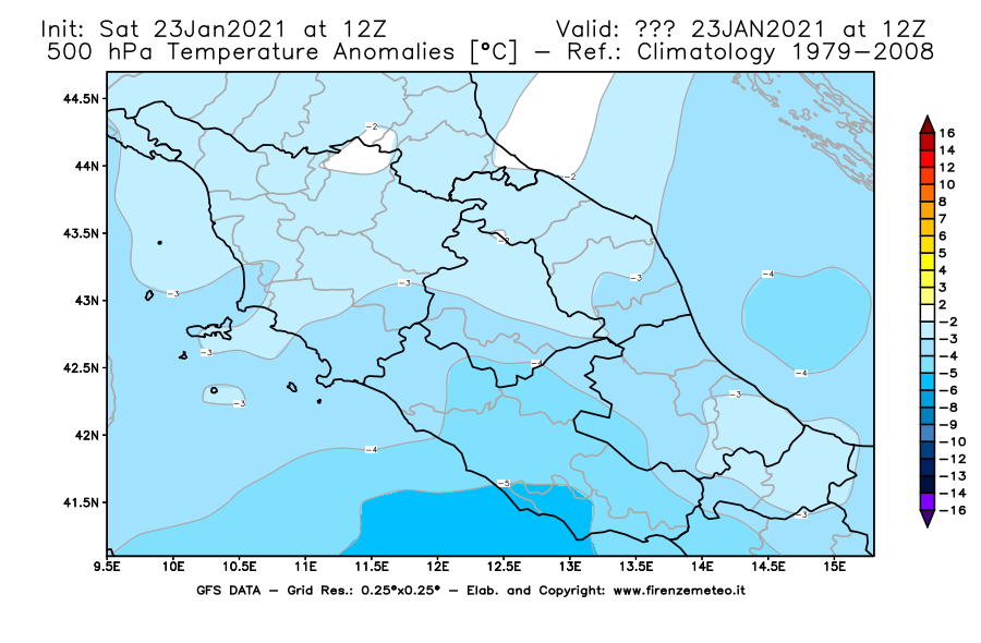Mappa di analisi GFS - Anomalia Temperatura [°C] a 500 hPa in Centro-Italia
									del 23/01/2021 12 <!--googleoff: index-->UTC<!--googleon: index-->