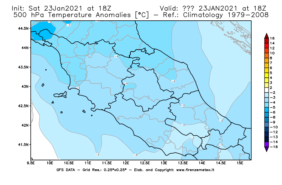 Mappa di analisi GFS - Anomalia Temperatura [°C] a 500 hPa in Centro-Italia
							del 23/01/2021 18 <!--googleoff: index-->UTC<!--googleon: index-->