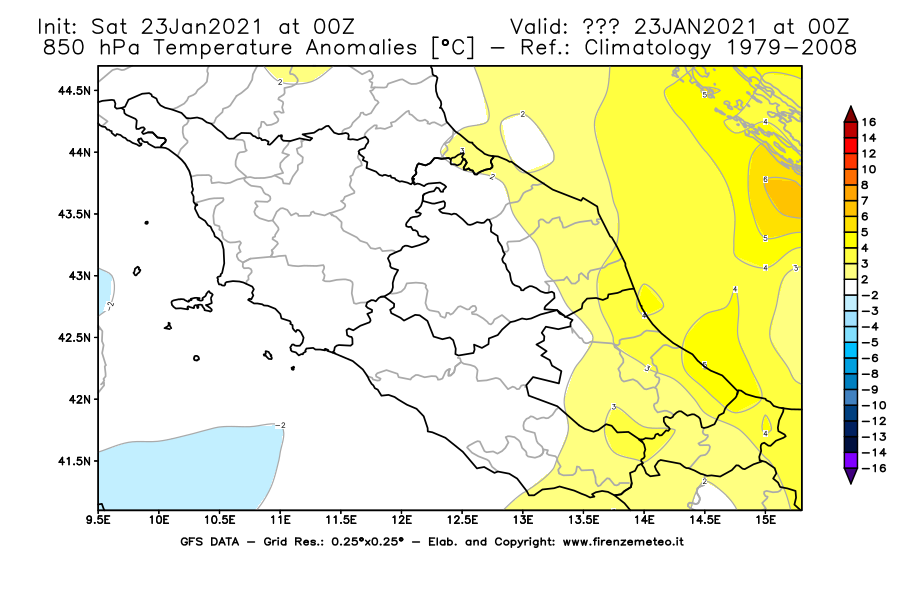 Mappa di analisi GFS - Anomalia Temperatura [°C] a 850 hPa in Centro-Italia
							del 23/01/2021 00 <!--googleoff: index-->UTC<!--googleon: index-->