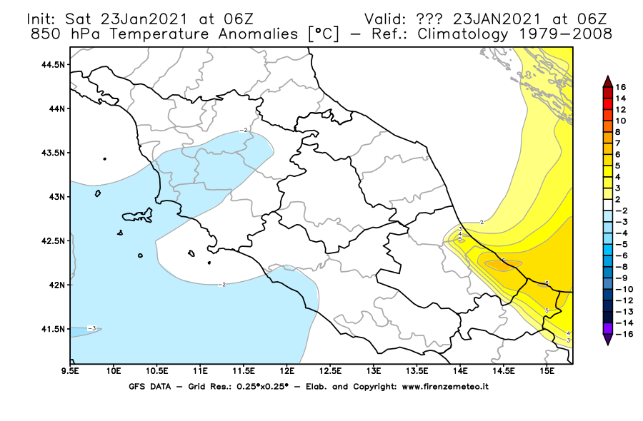 Mappa di analisi GFS - Anomalia Temperatura [°C] a 850 hPa in Centro-Italia
							del 23/01/2021 06 <!--googleoff: index-->UTC<!--googleon: index-->