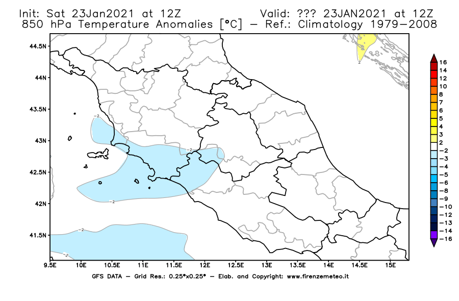 Mappa di analisi GFS - Anomalia Temperatura [°C] a 850 hPa in Centro-Italia
							del 23/01/2021 12 <!--googleoff: index-->UTC<!--googleon: index-->