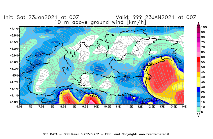 Mappa di analisi GFS - Velocità del vento a 10 metri dal suolo [km/h] in Nord-Italia
									del 23/01/2021 00 <!--googleoff: index-->UTC<!--googleon: index-->