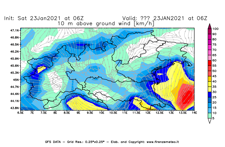 Mappa di analisi GFS - Velocità del vento a 10 metri dal suolo [km/h] in Nord-Italia
									del 23/01/2021 06 <!--googleoff: index-->UTC<!--googleon: index-->