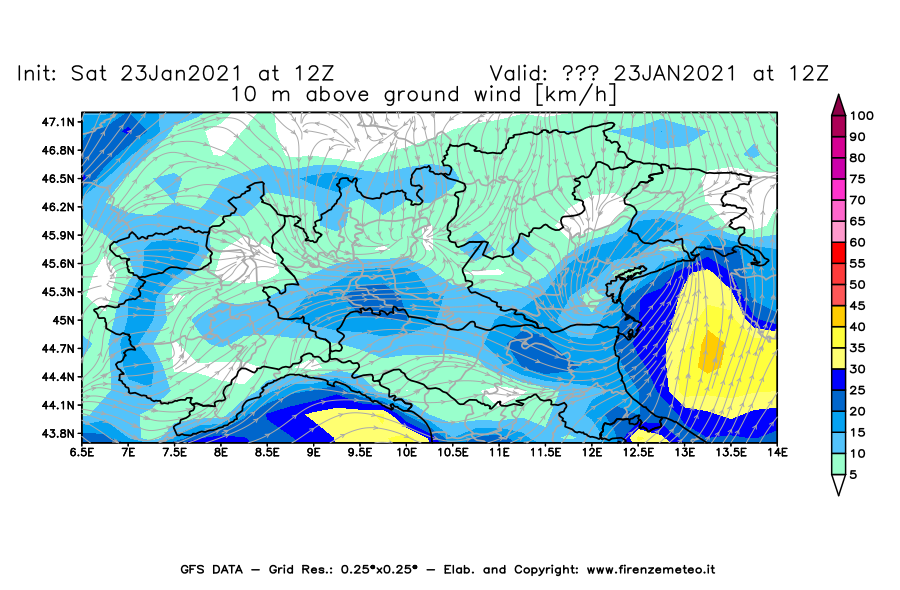 Mappa di analisi GFS - Velocità del vento a 10 metri dal suolo [km/h] in Nord-Italia
							del 23/01/2021 12 <!--googleoff: index-->UTC<!--googleon: index-->