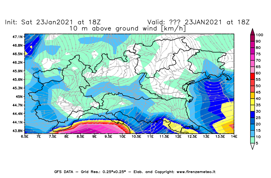 Mappa di analisi GFS - Velocità del vento a 10 metri dal suolo [km/h] in Nord-Italia
									del 23/01/2021 18 <!--googleoff: index-->UTC<!--googleon: index-->