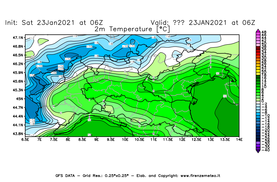 Mappa di analisi GFS - Temperatura a 2 metri dal suolo [°C] in Nord-Italia
							del 23/01/2021 06 <!--googleoff: index-->UTC<!--googleon: index-->
