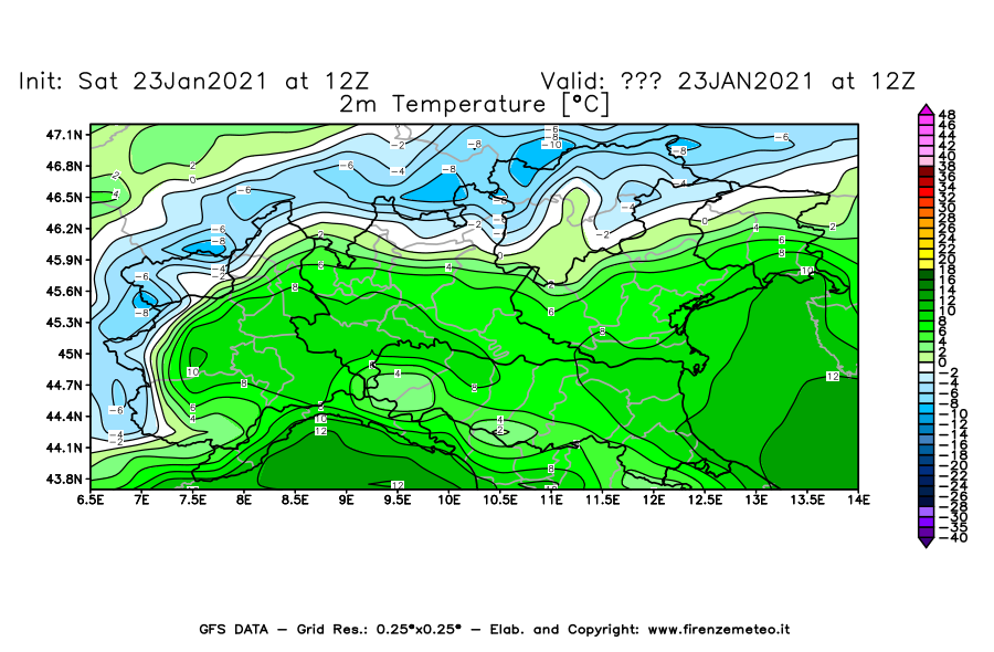 Mappa di analisi GFS - Temperatura a 2 metri dal suolo [°C] in Nord-Italia
									del 23/01/2021 12 <!--googleoff: index-->UTC<!--googleon: index-->