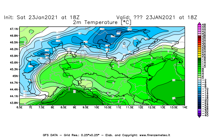 Mappa di analisi GFS - Temperatura a 2 metri dal suolo [°C] in Nord-Italia
									del 23/01/2021 18 <!--googleoff: index-->UTC<!--googleon: index-->
