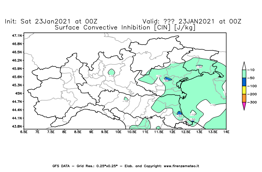 Mappa di analisi GFS - CIN [J/kg] in Nord-Italia
							del 23/01/2021 00 <!--googleoff: index-->UTC<!--googleon: index-->