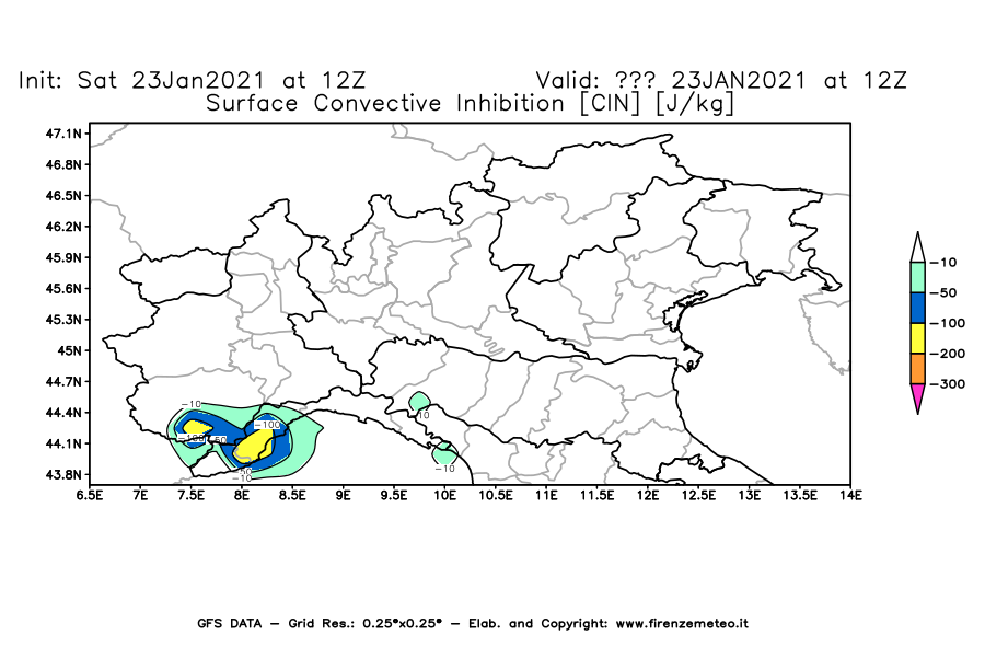 Mappa di analisi GFS - CIN [J/kg] in Nord-Italia
							del 23/01/2021 12 <!--googleoff: index-->UTC<!--googleon: index-->