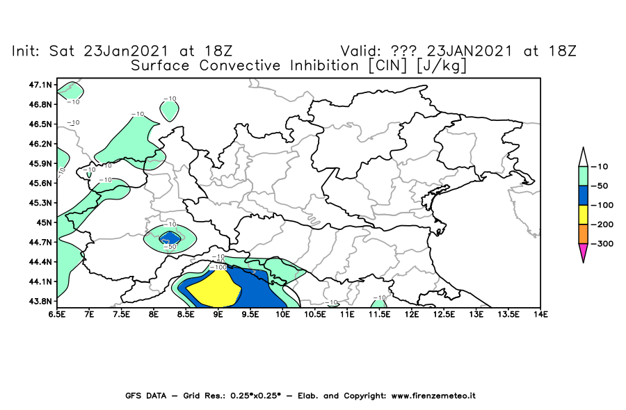 Mappa di analisi GFS - CIN [J/kg] in Nord-Italia
									del 23/01/2021 18 <!--googleoff: index-->UTC<!--googleon: index-->