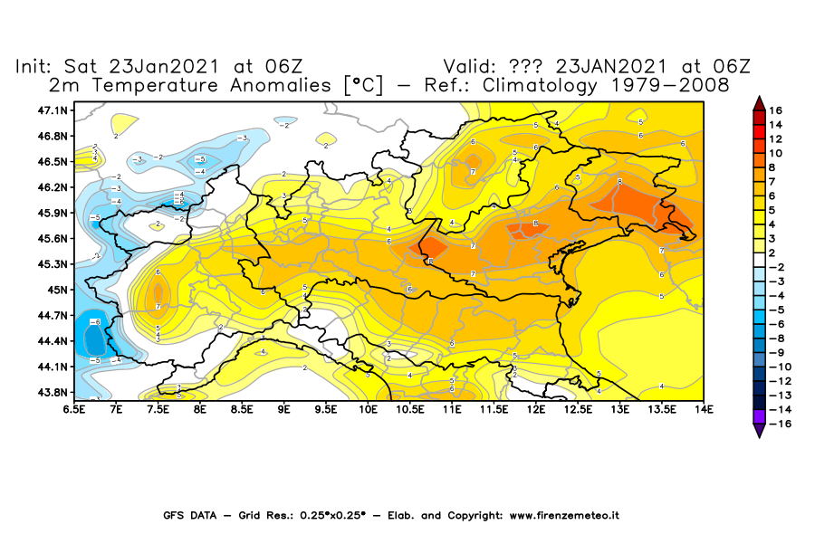Mappa di analisi GFS - Anomalia Temperatura [°C] a 2 m in Nord-Italia
									del 23/01/2021 06 <!--googleoff: index-->UTC<!--googleon: index-->