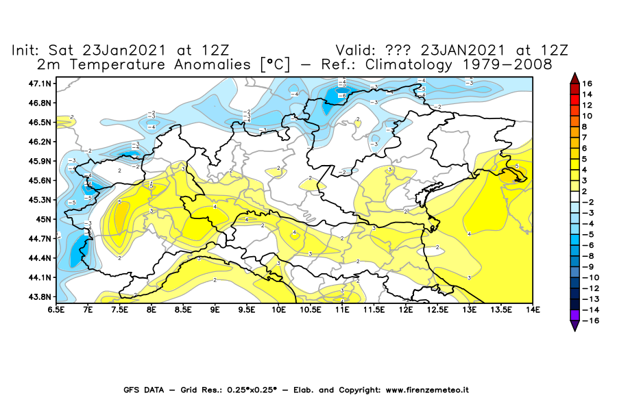 Mappa di analisi GFS - Anomalia Temperatura [°C] a 2 m in Nord-Italia
									del 23/01/2021 12 <!--googleoff: index-->UTC<!--googleon: index-->