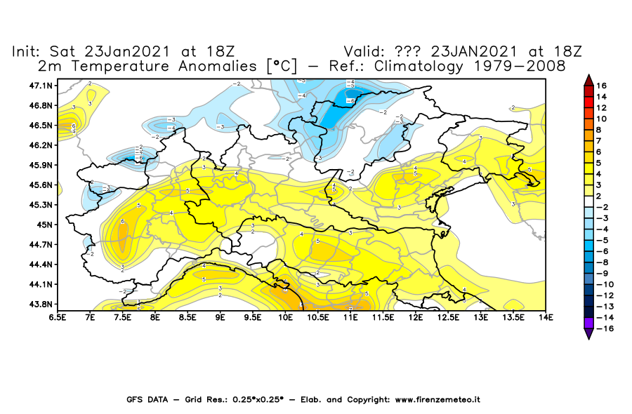 Mappa di analisi GFS - Anomalia Temperatura [°C] a 2 m in Nord-Italia
									del 23/01/2021 18 <!--googleoff: index-->UTC<!--googleon: index-->
