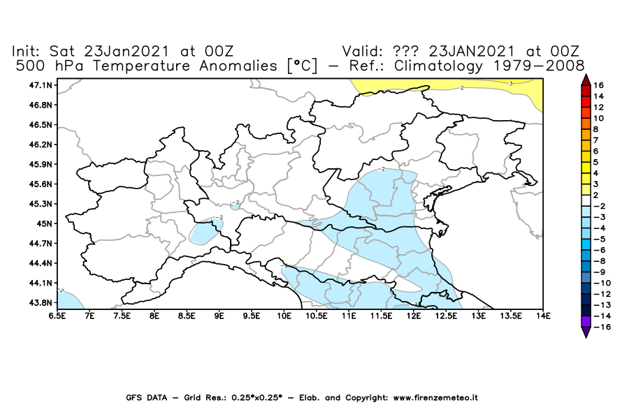 Mappa di analisi GFS - Anomalia Temperatura [°C] a 500 hPa in Nord-Italia
									del 23/01/2021 00 <!--googleoff: index-->UTC<!--googleon: index-->