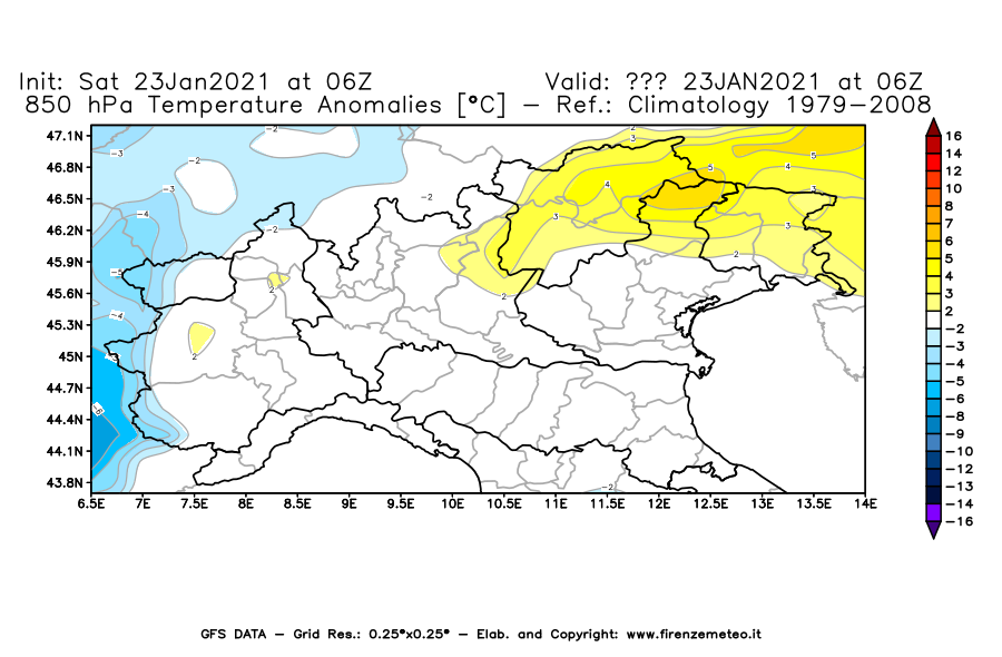 Mappa di analisi GFS - Anomalia Temperatura [°C] a 850 hPa in Nord-Italia
									del 23/01/2021 06 <!--googleoff: index-->UTC<!--googleon: index-->