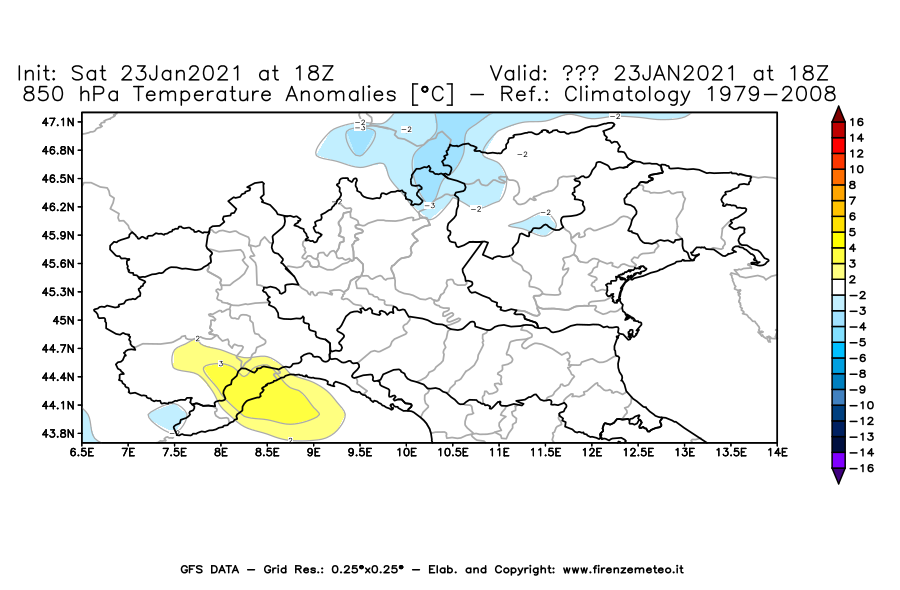 Mappa di analisi GFS - Anomalia Temperatura [°C] a 850 hPa in Nord-Italia
							del 23/01/2021 18 <!--googleoff: index-->UTC<!--googleon: index-->
