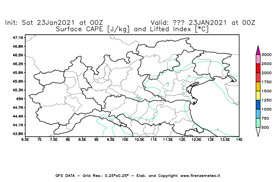 Mappa di analisi GFS - CAPE [J/kg] e Lifted Index [°C] in Nord-Italia
									del 23/01/2021 00 <!--googleoff: index-->UTC<!--googleon: index-->