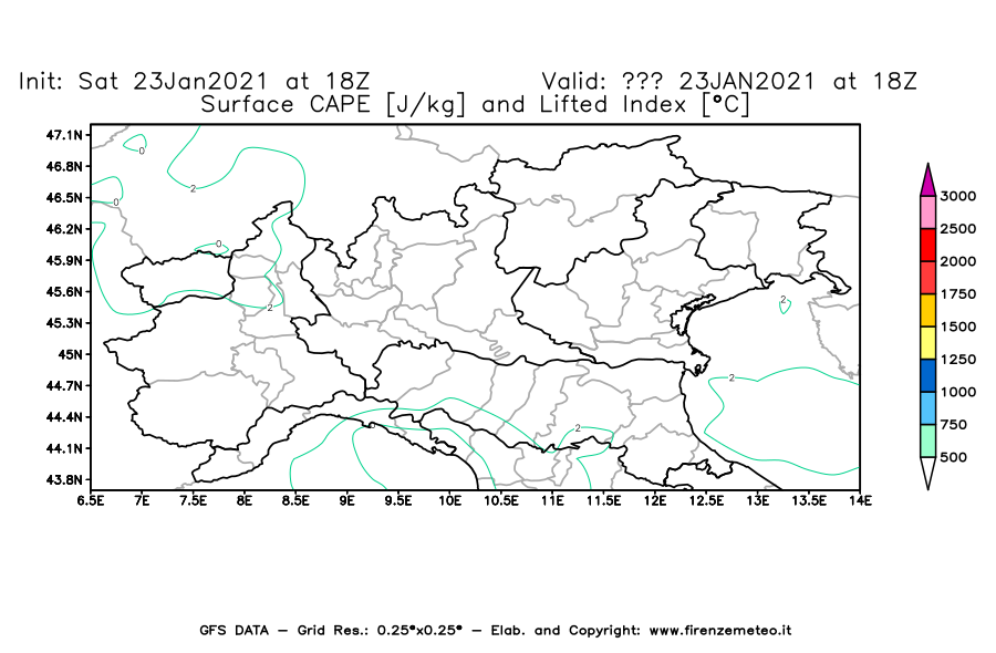Mappa di analisi GFS - CAPE [J/kg] e Lifted Index [°C] in Nord-Italia
							del 23/01/2021 18 <!--googleoff: index-->UTC<!--googleon: index-->