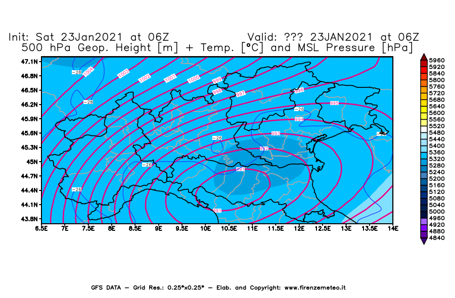 Mappa di analisi GFS - Geopotenziale [m] + Temp. [°C] a 500 hPa + Press. a livello del mare [hPa] in Nord-Italia
									del 23/01/2021 06 <!--googleoff: index-->UTC<!--googleon: index-->