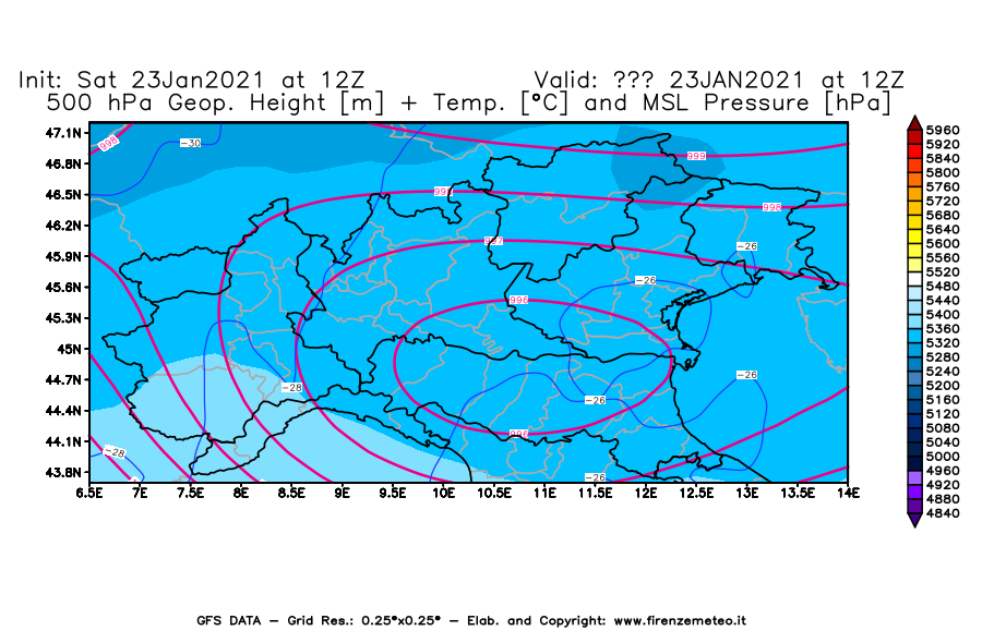Mappa di analisi GFS - Geopotenziale [m] + Temp. [°C] a 500 hPa + Press. a livello del mare [hPa] in Nord-Italia
									del 23/01/2021 12 <!--googleoff: index-->UTC<!--googleon: index-->