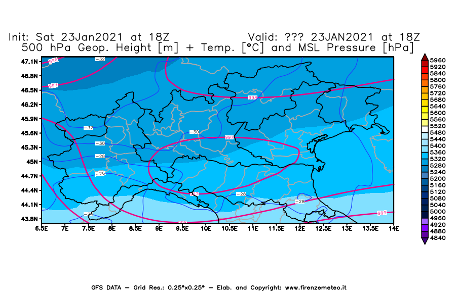 Mappa di analisi GFS - Geopotenziale [m] + Temp. [°C] a 500 hPa + Press. a livello del mare [hPa] in Nord-Italia
									del 23/01/2021 18 <!--googleoff: index-->UTC<!--googleon: index-->