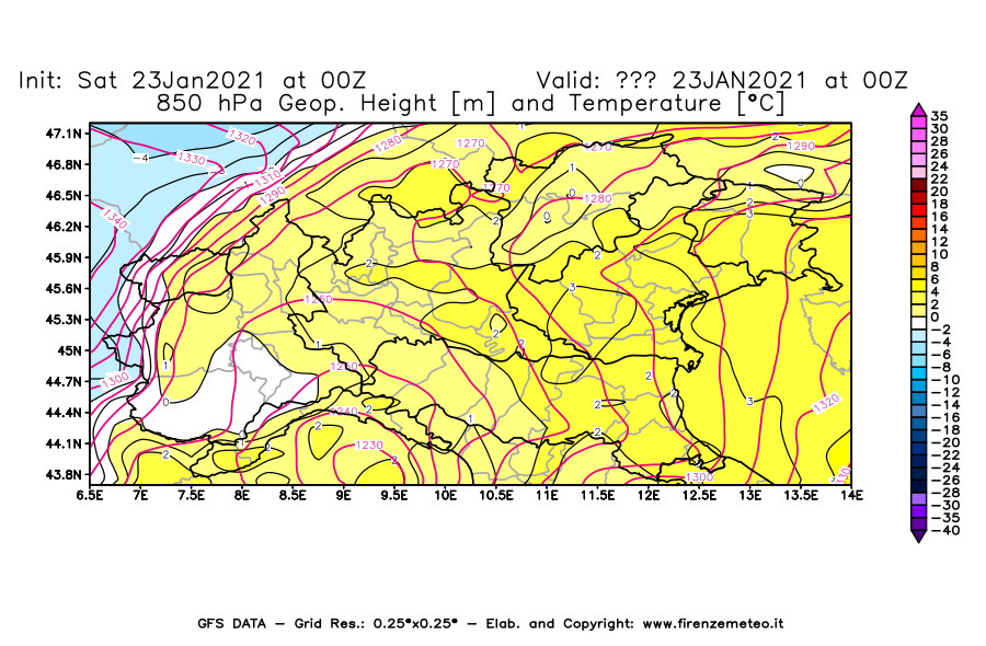 Mappa di analisi GFS - Geopotenziale [m] e Temperatura [°C] a 850 hPa in Nord-Italia
							del 23/01/2021 00 <!--googleoff: index-->UTC<!--googleon: index-->