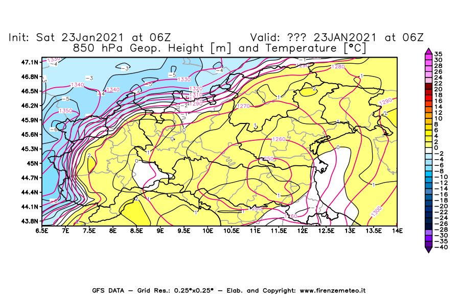 Mappa di analisi GFS - Geopotenziale [m] e Temperatura [°C] a 850 hPa in Nord-Italia
							del 23/01/2021 06 <!--googleoff: index-->UTC<!--googleon: index-->