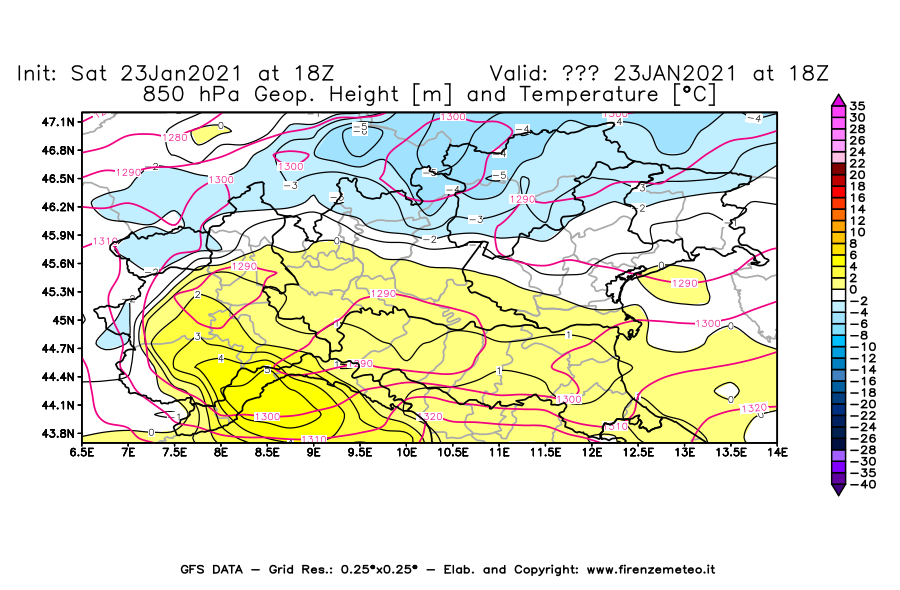 Mappa di analisi GFS - Geopotenziale [m] e Temperatura [°C] a 850 hPa in Nord-Italia
							del 23/01/2021 18 <!--googleoff: index-->UTC<!--googleon: index-->