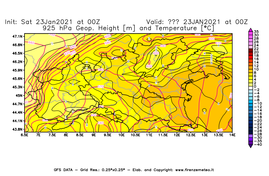Mappa di analisi GFS - Geopotenziale [m] e Temperatura [°C] a 925 hPa in Nord-Italia
									del 23/01/2021 00 <!--googleoff: index-->UTC<!--googleon: index-->