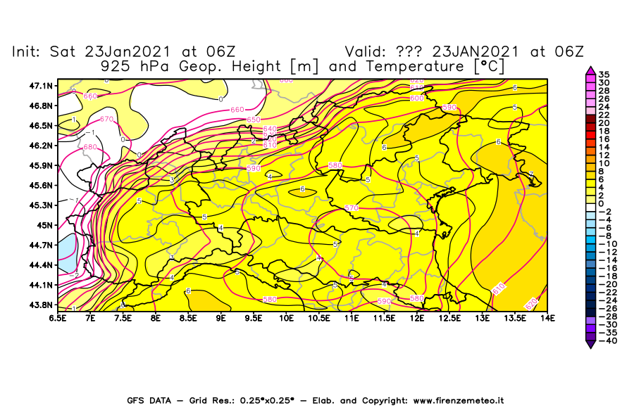 Mappa di analisi GFS - Geopotenziale [m] e Temperatura [°C] a 925 hPa in Nord-Italia
							del 23/01/2021 06 <!--googleoff: index-->UTC<!--googleon: index-->
