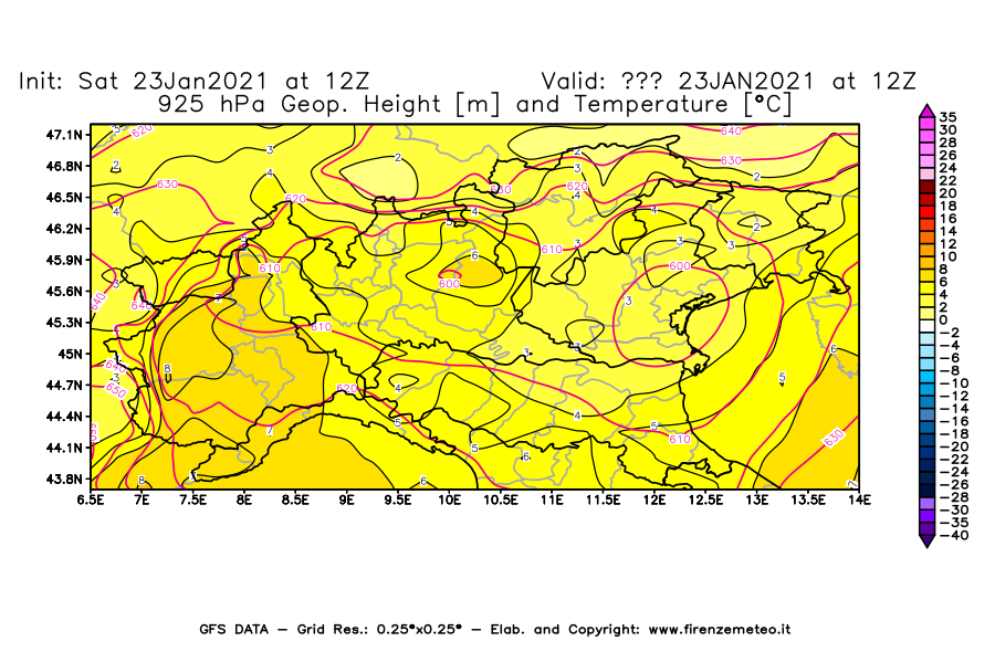 Mappa di analisi GFS - Geopotenziale [m] e Temperatura [°C] a 925 hPa in Nord-Italia
							del 23/01/2021 12 <!--googleoff: index-->UTC<!--googleon: index-->