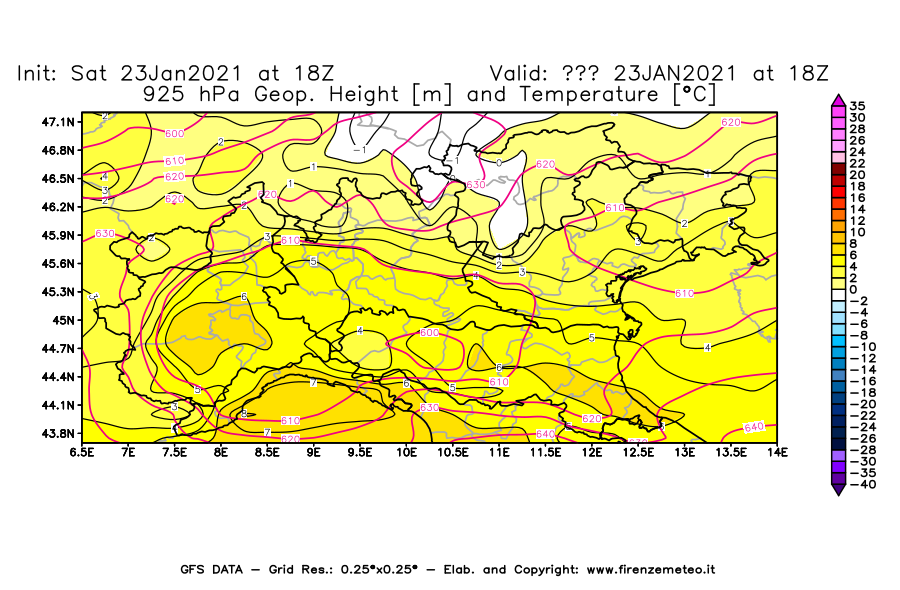 Mappa di analisi GFS - Geopotenziale [m] e Temperatura [°C] a 925 hPa in Nord-Italia
									del 23/01/2021 18 <!--googleoff: index-->UTC<!--googleon: index-->