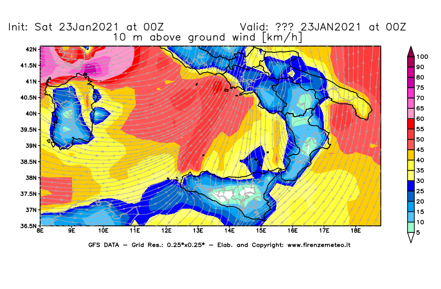 Mappa di analisi GFS - Velocità del vento a 10 metri dal suolo [km/h] in Sud-Italia
									del 23/01/2021 00 <!--googleoff: index-->UTC<!--googleon: index-->
