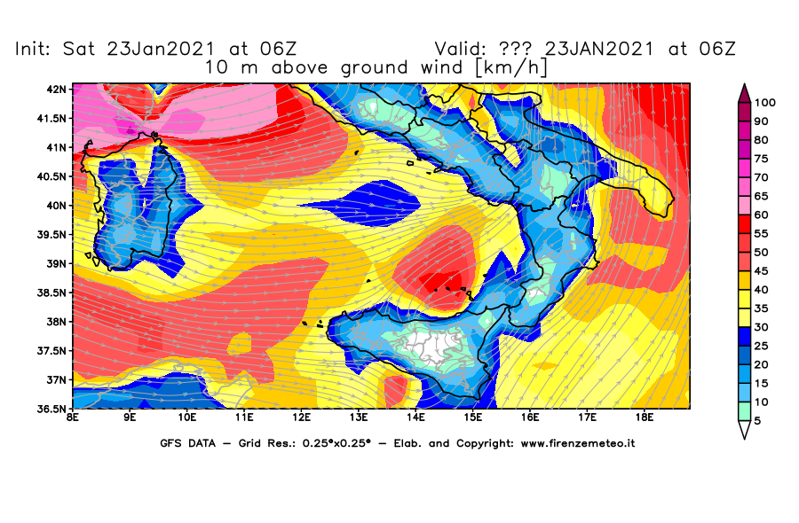 Mappa di analisi GFS - Velocità del vento a 10 metri dal suolo [km/h] in Sud-Italia
									del 23/01/2021 06 <!--googleoff: index-->UTC<!--googleon: index-->