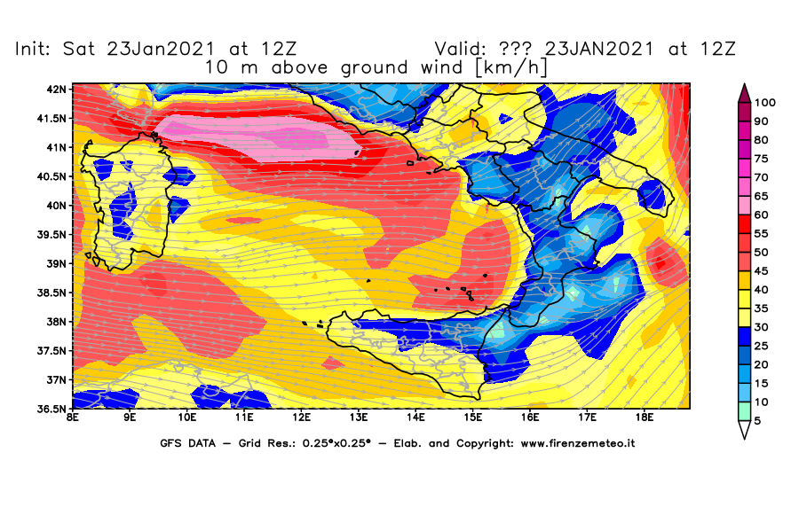 Mappa di analisi GFS - Velocità del vento a 10 metri dal suolo [km/h] in Sud-Italia
									del 23/01/2021 12 <!--googleoff: index-->UTC<!--googleon: index-->